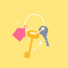 key with house keychain.  Buy or sell building icon or print. Mortgage loan. Housing for rent. Template for sale, rent home. rent house, concept.