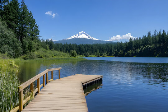 Tranquil lake with wooden pier, clear blue water, snow-covered mountain backdrop, serene nature scene, peaceful forest environment, high resolution photo