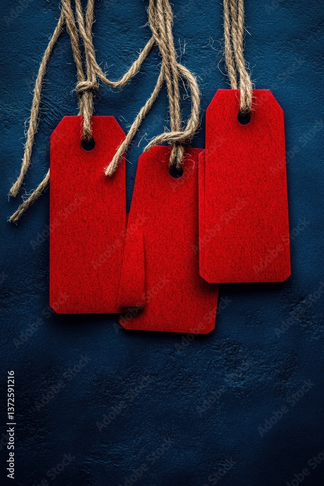 Aufkleber three vibrant red tags hanging from rustic twine against a textured dark blue background creating a 