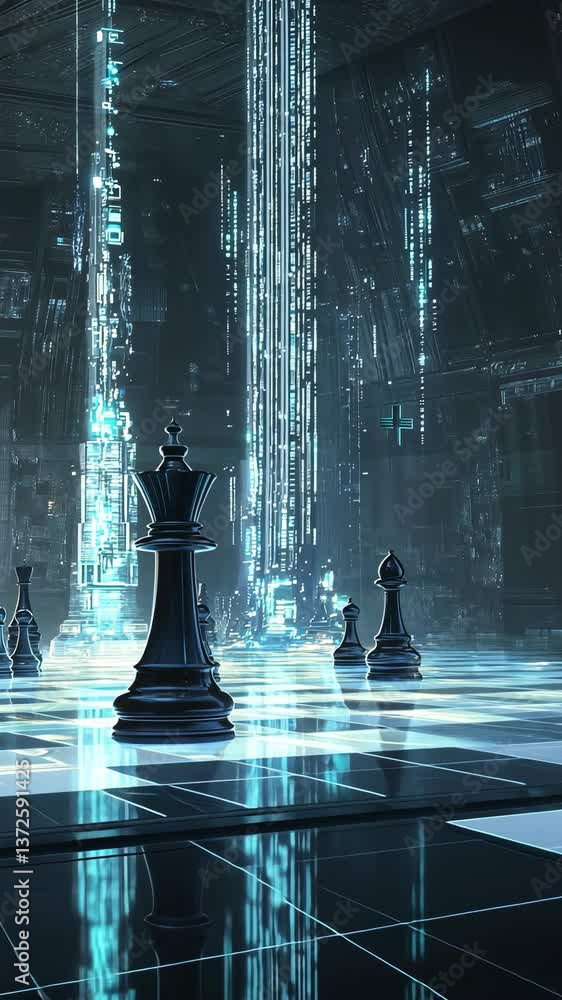 Poster chess pieces stand in a futuristic digital landscape filled with glowing patterns and tall structure