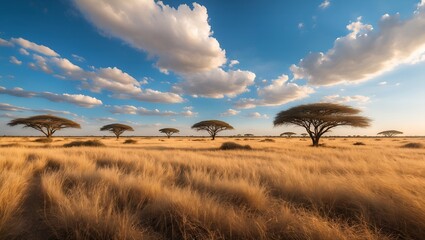 Obraz premium Expansive African savanna landscape with acacia trees, golden grasses, and a blue sky with clouds
