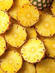 Vibrant pineapple rings on yellow backdrop showcasing tropical freshness and summer delight in a close up flat lay
