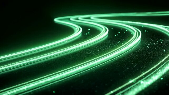 Abstract green light trails meander through the dark space, creating a dynamic and futuristic atmosphere.