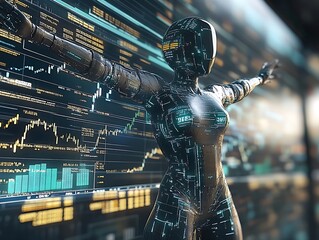 Futuristic humanoid robot is interacting with digital stock market data