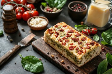 Rustic Italian Focaccia with Sun Dried Tomatoes and Pesto on Dark Wood Board Culinary Still Life