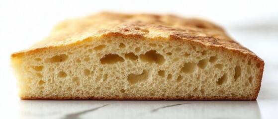 Close up of delicious fresh baked focaccia bread with golden crust and airy crumb structure on white marble surface for culinary photography