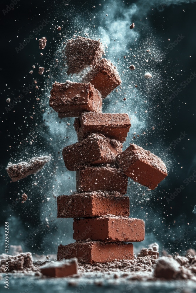 Poster dynamic composition of stacked bricks with explosive dust on dark backdrop construction and demoliti