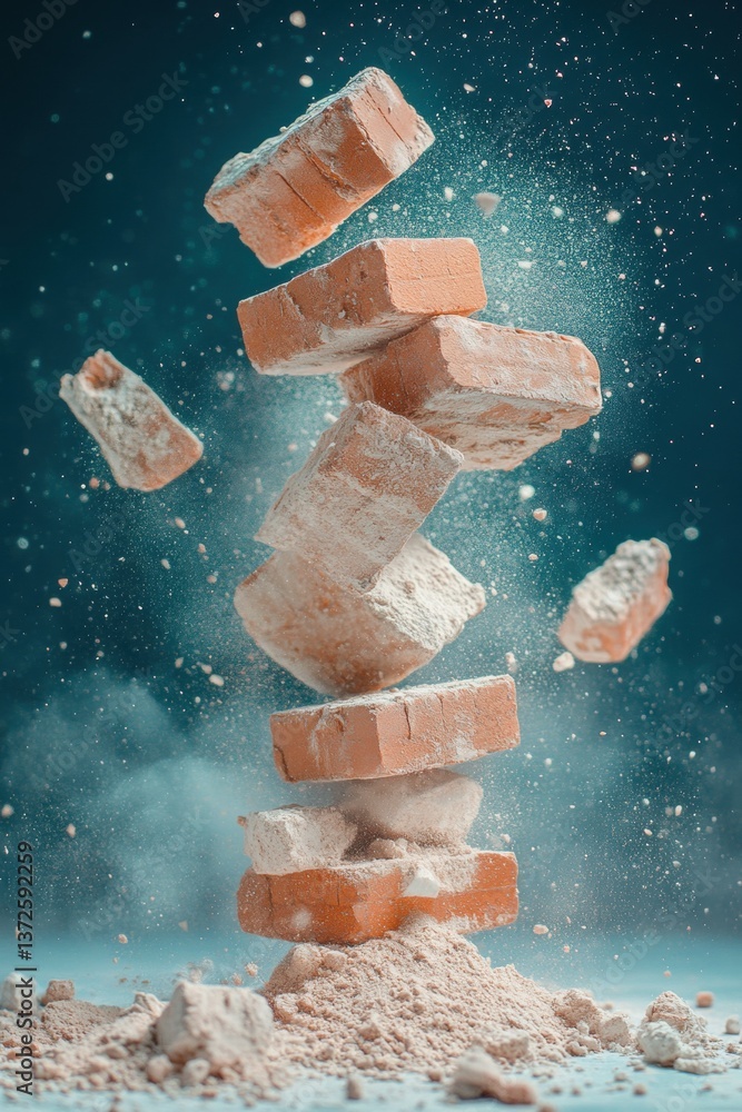 Poster dynamic composition of bricks suspended in air with dust particles against a teal background constru