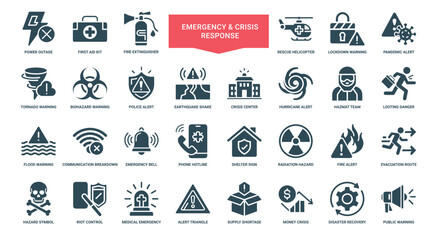 emergency crisis situations requiring preparedness response actions icons, Biohazard Tornado Pandemic Lockdown