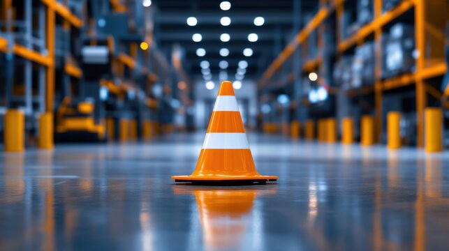A bright orange traffic cone in a warehouse, marking a safe zone amidst equipment and busy operations, with a focus on workplace safety.