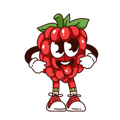 Groovy raspberry cartoon character with tongue hanging out and big eyes. Funny retro red berry with funky face and leaves. Fruit mascot, cartoon raspberry sticker of 70s 80s style vector illustration
