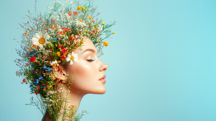 Face of a beautiful girl, wild flowers in her hair, surrealism