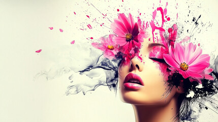 Face of a beautiful girl, wild flowers in her hair, surrealism