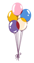 Bunch of colorful cartoon balloons. Festive rainbow helium ballon group on string knot. Birthday party, anniversary gift mascot, yellow, blue, pink balloons cartoon vector illustration