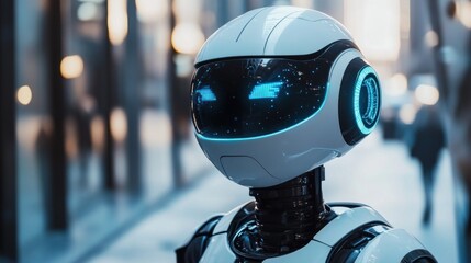 Futuristic robot in urban setting, observing city life
