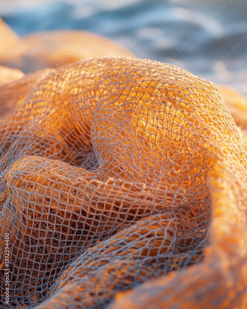 Poster golden sunlight illuminating a textured fishing net on the shore creating a warm and inviting scene 
