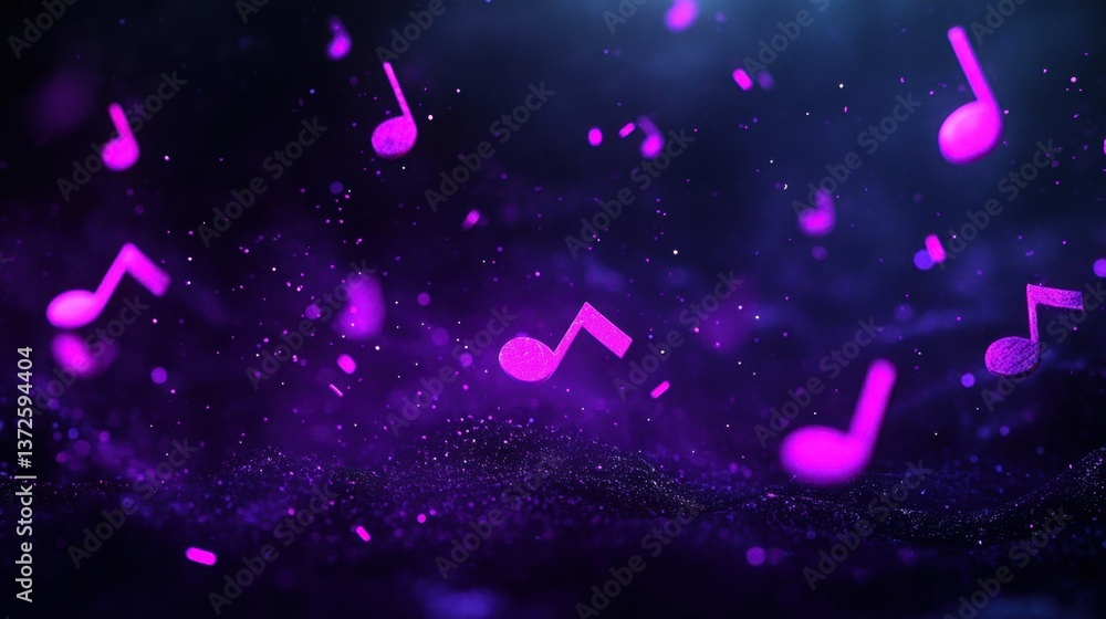 Poster a dark abstract background with glowing music notes and symbols floating in space, creating a dynami