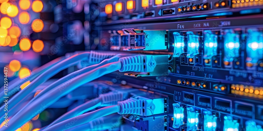 Poster Close-up View of Network Hardware with Bright LED Lights and Ethernet Cables in a Modern Data Center Environment