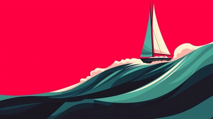 A vibrant illustration of a sailboat navigating through colorful waves.