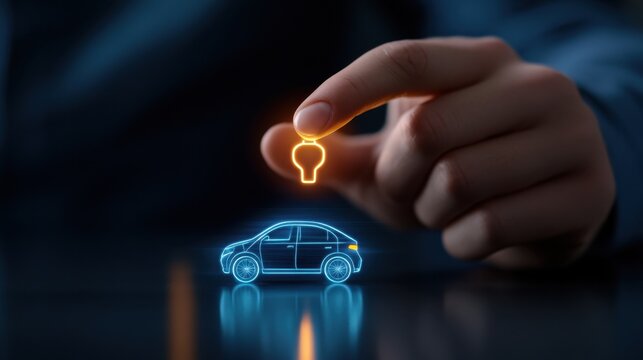 A digital interface shows a hand pressing a glowing holographic car symbol on the dashboard, signaling the start of an electric vehicle.