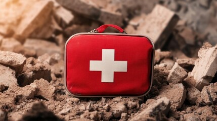 A first aid kit rests on rubble, symbolizing quick emergency medical response and care in urban disaster areas.