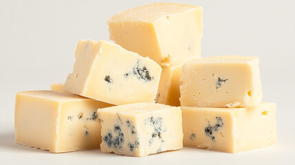 A photograph of several pieces of cheese, including cheddar and blue cheese in the foreground, stacked on top of each other in various shapes and sizes on a textured light gray background.