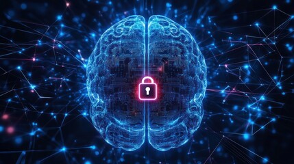 Digital Brain with Security Lock, Network Connections, Abstract Background