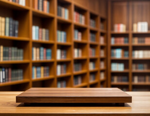 Fototapeta premium Empty wooden desk space platform with library background for product display montage. Education concept.
