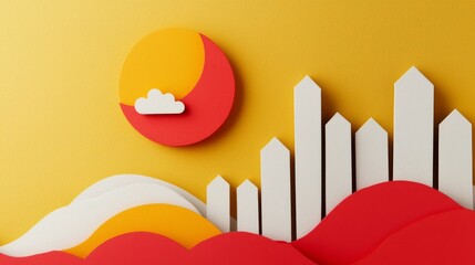 Tax savings concept. Colorful paper cut landscape with sun and abstract buildings against a golden background.