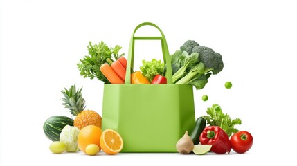 A green, eco-friendly shopping bag filled with colorful fruits and vegetables, showcasing environmentally conscious shopping habits.