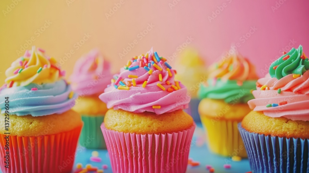 Poster colorful cupcakes with neon icing and rainbow sprinkles create a vibrant bakery display in a close-u
