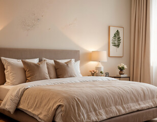 Blurred background of minimalist bedroom interior featuring soft lighting and elegant decor, creating a tranquil and modern atmosphere perfect for relaxation and comfort.