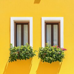 Two charming adorned with vibrant flowers against a bright yellow wall in a front view perspective