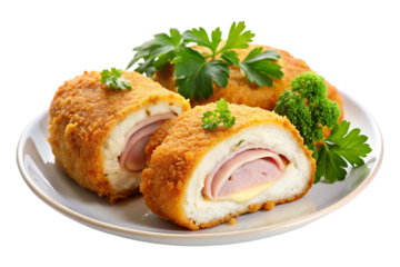 Breaded Chicken Cordon Bleu with Parsley Garnish in a plate on transparent background 