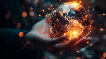 A businessmana??s hand holding a luminous globe surrounded by data lines, symbolizing global business intelligence and connectivity.