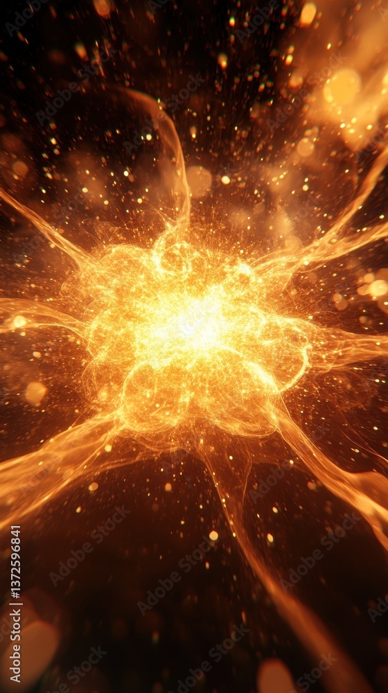 Poster abstract golden energy explosion with glowing particles in dark space creating a powerful cosmic eve