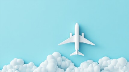 A simple white toy airplane flying amidst fluffy clouds, set against a vivid blue sky, inspiring dreams of adventure and travel.