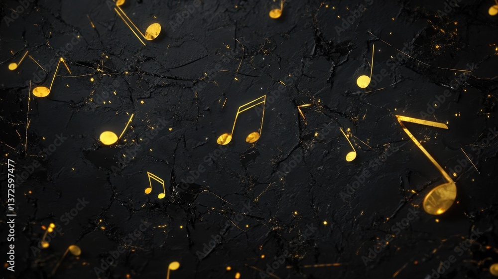 Poster a surreal blend of dark tones with abstract music notes and sound waves creating a sense of dynamic 