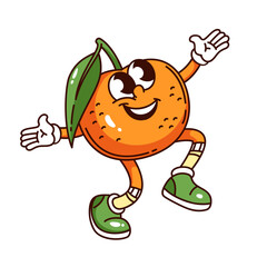Groovy happy orange cartoon character jumping with open arms. Funny retro joyful citrus personage running to jump. Fruit mascot, cartoon excited orange sticker of 70s 80s style vector illustration