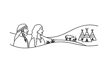 Native American Couple, Plains, Teepees, Bison, Landscape, Drawing, Simple, Line Art, Culture, Herit © Chaya