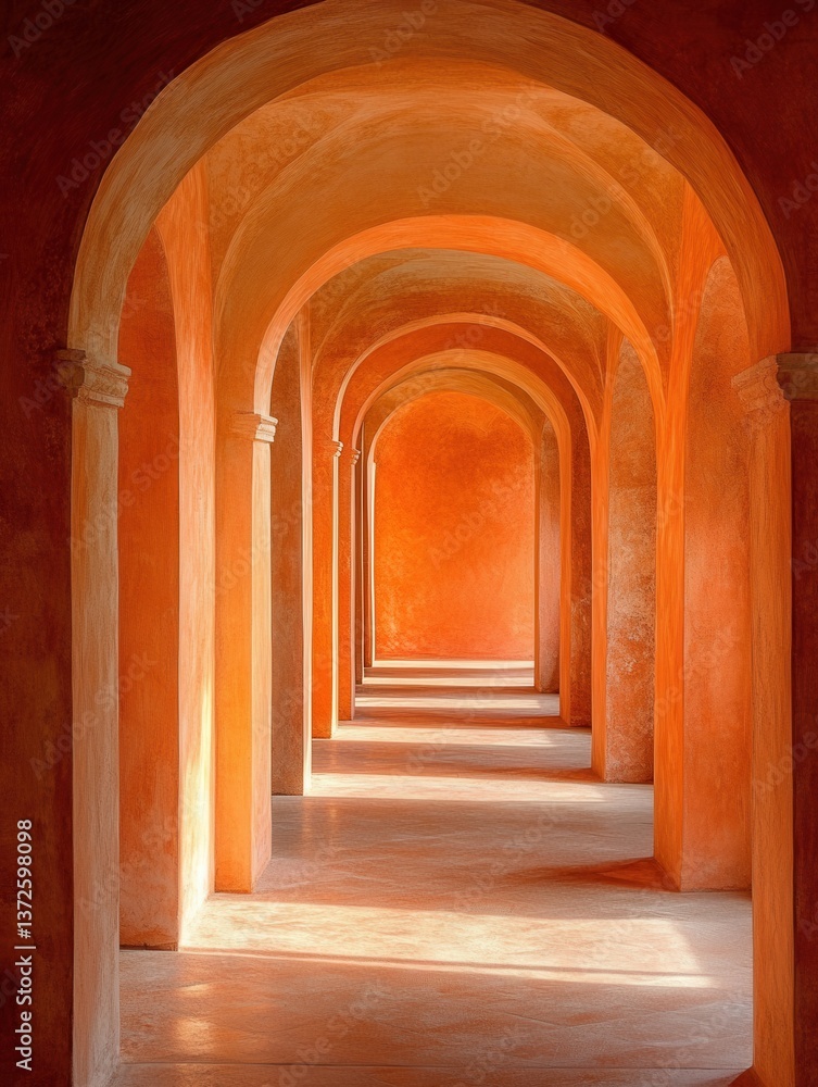 Poster serene architectural corridor with warm orange hues light and shadow interplay creating a sense of d