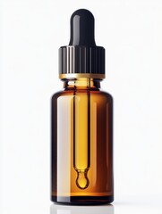 Elegant amber glass dropper bottle showcasing golden liquid against a pristine white background in studio shot