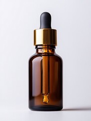 Fototapeta premium Elegant amber glass bottle with dropper for essential oil or serum on clean white background studio shot