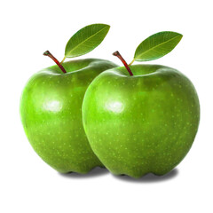 A fresh, juicy green apple with a single leaf is an isolated, healthy fruit food object on white, perfect for a natural diet snack