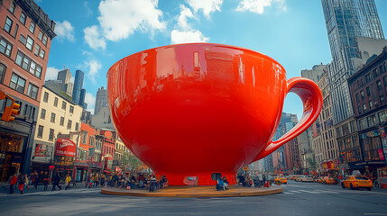 giant cup of espresso the size of the skyscraper in Times Square, the concept of coffee addiction, advertising of invigorating drinks