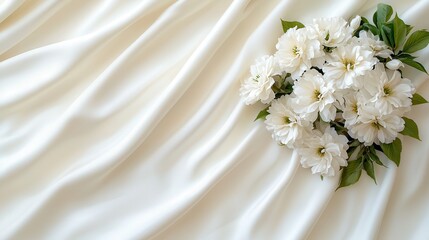 Obraz premium Elegant White Flowers on Creamy Silk Fabric Soft Background for Wedding Invitation Design