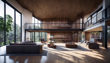 Naklejka premium Modern Industrial Loft with Rustic Charm and Panoramic Views