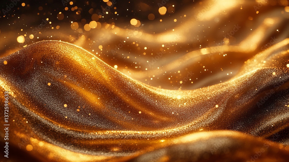 Poster golden wave texture with sparkling particles. elegant and luxurious background.