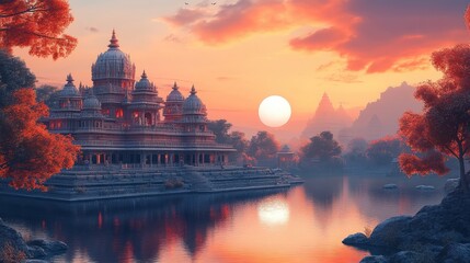 Obraz premium Scenic Asian Temple At Sunset. Tranquil Water Reflects The Vibrant Sky.