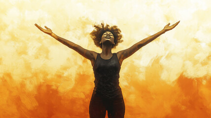 Inspiring Victory: Black Woman Celebrates Success with a Raised Fist and Modern Geometrics

